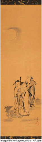 27052: A Japanese Ink on Paper Scroll with Two Prints M