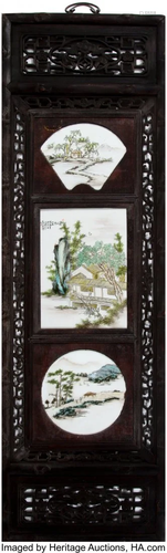 27024: Four Chinese Wood Screens Inset with Enameled Po