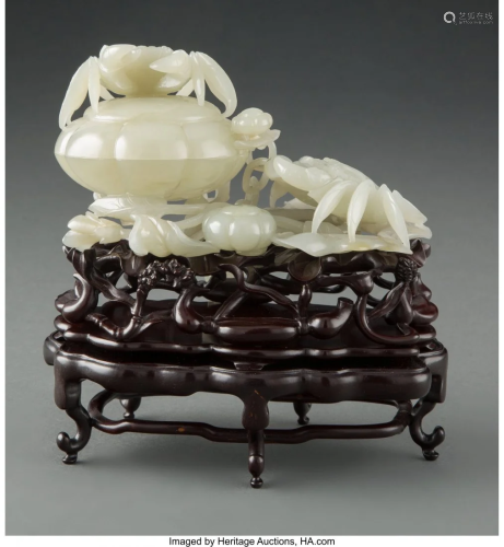 78053: A Chinese Jade Carved Box with Crab Cover 2-3/4