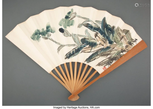 78198: Qi Baishi (Chinese, 1864-1957) Orchids Fan leaf,