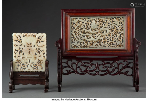 78155: Two Chinese Carved Jade Table Screens 4-3/4 x 7-