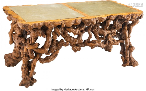 78185: A Chinese Rootwood Low Table with Inset Songhua