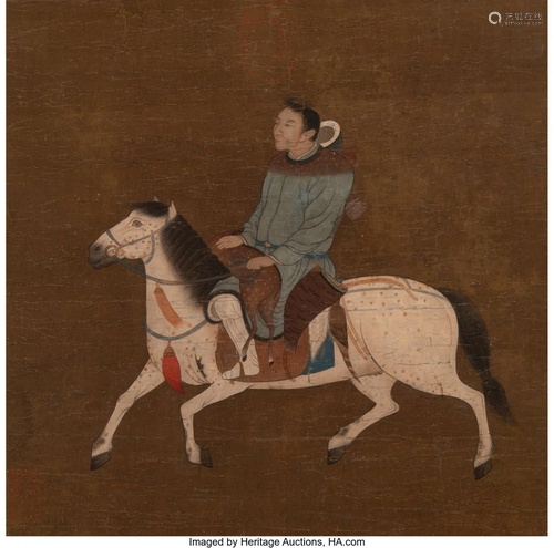 78229: Chinese School Hunter on Horse Ink and color on