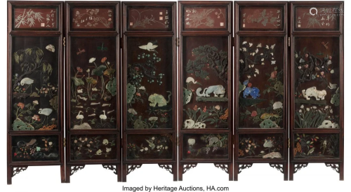 78186: A Chinese Jade and Hardstone-Inlaid Wood Six-Pan