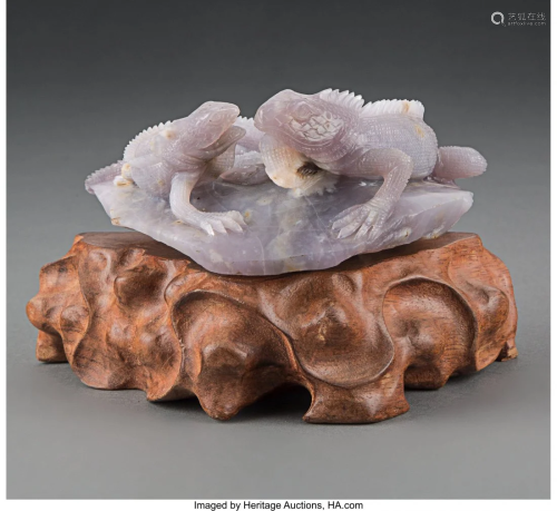 78063: A Chinese Lavender Jadeite Carving of Iguanas 2-