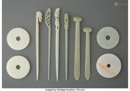 78037: Six Chinese Jade Hairpins and Four Bi Discs, Qin