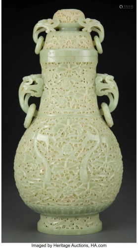 78058: A Large Chinese Carved Celadon Jade Covered Vase