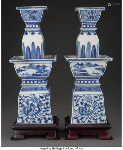 78110: A Pair of Chinese Blue and White Porcelain Candl