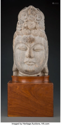 78192: A Chinese Carved Limestone Guanyin Head on Fitte