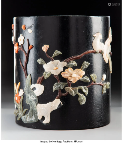 78154: A Chinese Lacquered Wood Brush Pot with Overlaid