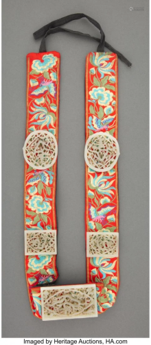 78075: A Chinese Embroidered Belt with Five Carved Jade