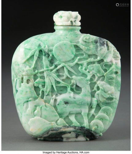 78001: A Large Chinese Carved Jadeite Snuff Bottle 5-1/