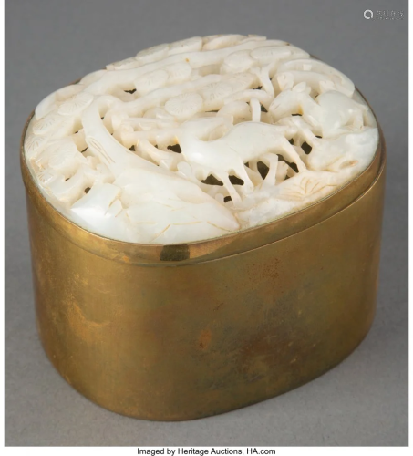 78072: A Chinese Brass Box with Jade Inset Cover 2-3/8