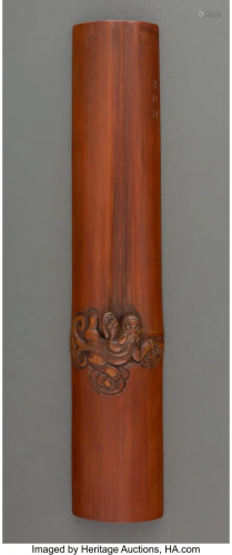 78178: A Chinese Carved Bamboo Armrest Marks: three-cha