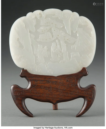 78044: A Chinese Carved White Jade Plaque with Fitted W