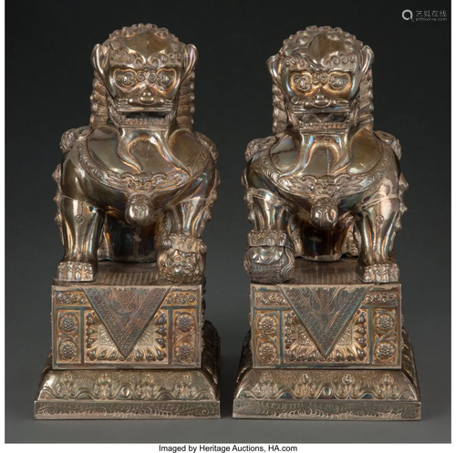 78137: A Pair of Chinese Export Silver Guardian Lion-Fo