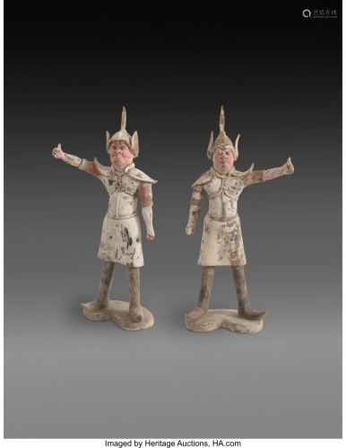 78079: A Pair of Large Painted Grey Pottery Guardian Fi