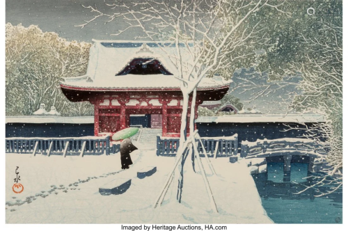 78332: Hasui Kawase (Japanese, 1883-1957) Snow at Shiba