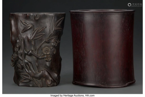 78176: A Chinese Carved Zitan Brush Pot and a Hardwood