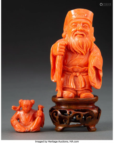 78065: Two Chinese Carved Coral Figures 2-3/4 x 1-1/2 x