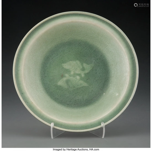 78098: A Chinese Celadon Twin Fish Dish 1-3/8 x 8-5/8 i