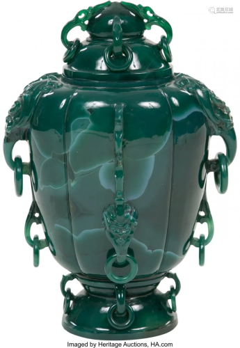 78068: A Chinese Carved Green Agate Vase 13 x 6-1/2 x 9