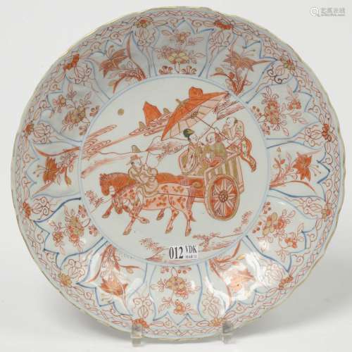 中国多色瓷圆盘，中欧红铁金蓝纹