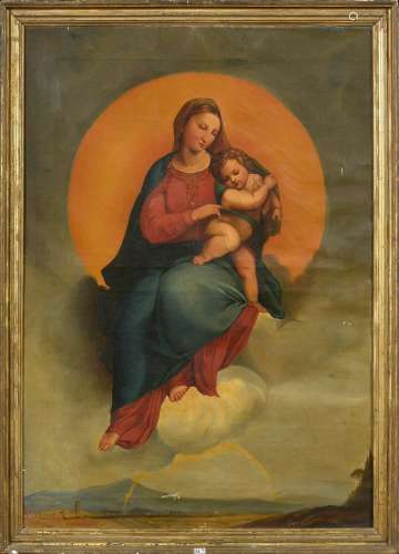 油画《圣母与孩子》。无名氏。意大利学校。时代：19世纪。爪子和一个洞）。尺寸：107,3x75,3cm。