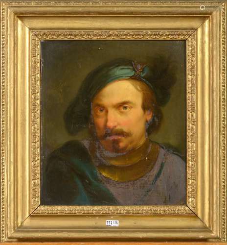 红木板油画《苏格兰贵族的肖像》。无名氏。时代：19世纪。(穿)。尺寸：+/-35x30cm。