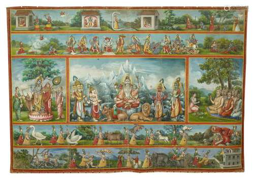 克里希纳一生的插曲印度北部或尼泊尔，约1900年布面水粉画，128 x 183厘米重要的画作，其装饰是以vilampo newars的方式组织的。构图的中心是湿婆坐在喜马拉雅山上，他的两个妻子跪在他的膝盖上休息，公牛和狮子，他们的坐骑躺在他们的脚下。他们身边有两个孩子，斯坎达和格涅沙，以及印度教三位一体的另外两位大神梵天和毗湿奴。侧面的场景分别代表，右边是一个人向七个苦行僧致敬，很可能是宇宙起源所发出的原始吠陀的启示的起源处的萨普塔利希，左边是克里希纳在拉达和两个戈比的陪同下吹笛子。上下两册以连环画的风格叙述了克里希纳一生中的各种情节，从他的出生、他在弗林达万的生活和为躲避洪水而升起的戈瓦达那山的情节，以及他与兄弟巴拉拉玛的各种冒险。出处：Compagnie de la Chine et des Indes (Paris) (Inv.21047 1971年购得)