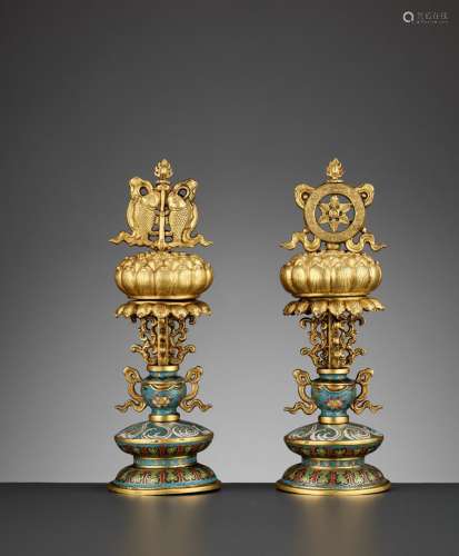 TWO BUDDHIST EMBLEMS, CLOISONNÉ ENAMEL AND GILT-BRONZE, QIANLONG PERIOD
