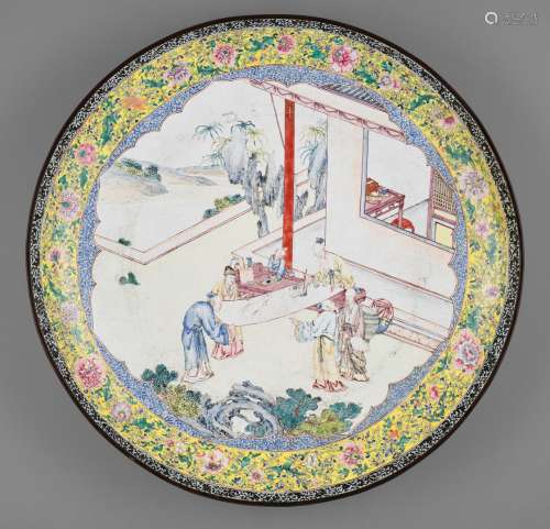 AN EXCEPTIONAL AND VERY LARGE CANTON ENAMEL ‘SCHOLARS’ DISH, EARLY 18TH CENTURY
