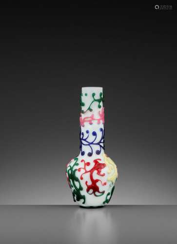 A FIVE-COLOR OVERLAY GLASS ‘CHILONG’ BOTTLE VASE, QIANLONG MARK AND PERIOD