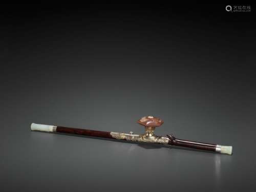 A BAMBOO OPIUM PIPE WITH HARDSTONE, SILVER AND YIXING CERAMIC FITTINGS, LATE QING TO REPUBLIC