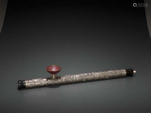 A HARDWOOD OPIUM PIPE WITH BONE, SILVER AND YIXING CERAMIC FITTINGS, LATE QING TO REPUBLIC