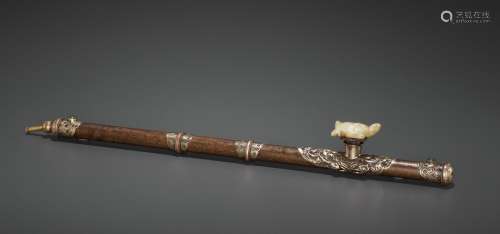 AN INSCRIBED BRONZE OPIUM PIPE WITH SILVER AND COPPER FITTINGS, LATE QING TO REPUBLIC