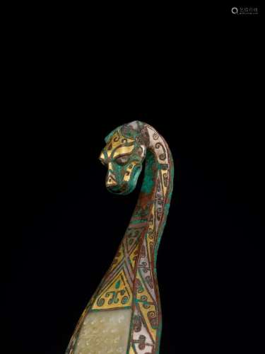 A GOLD AND SILVER-INLAID BRONZE AND JADE ‘CHILONG’ BELT HOOK, WARRING STATES