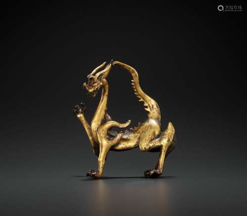 A RARE GILT BRONZE FIGURE OF A DRAGON, TANG DYNASTY