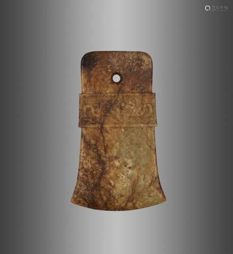AN ARCHAISTIC RUSSET AND CELADON JADE AXE, QI, MING DYNASTY