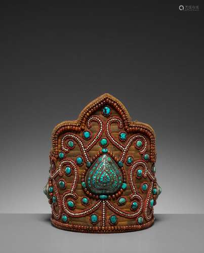 A TIBETAN GEMSTONE-SET SILK CROWN OF A LAMA, MID-19TH CENTURY