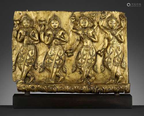 A GILT COPPER FRIEZE OF APSARAS, 16TH-17TH CENTURY