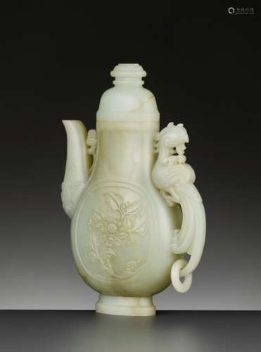 A PALE CELADON JADE ‘PHOENIX’ EWER AND COVER, QING DYNASTY