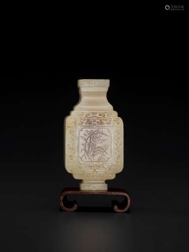 A WHITE AND RUSSET JADE MINIATURE ARCHAISTIC VASE, LATE MING TO MID-QING