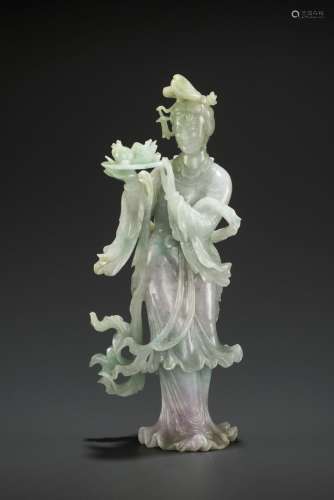 A ‘SANDUO’ LAVENDER JADEITE FIGURE OF A MEIREN, LATE QING TO REPUBLIC
