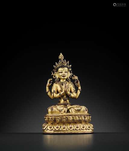 AN ORIGINALLY SEALED GILT COPPER ALLOY FIGURE OF AVALOKITESHVARA SHADAKSHARI, 15TH-16TH CENTURY