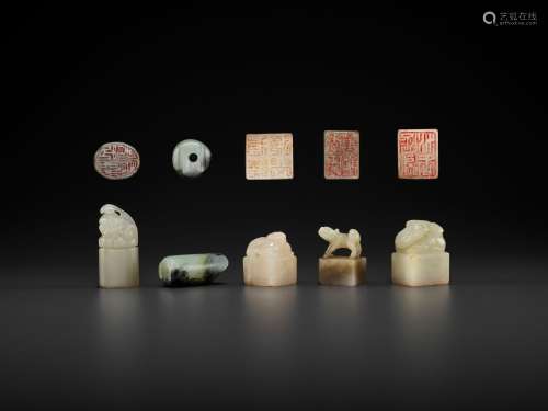 FIVE HARDSTONE SEALS WITH ANIMALS, MID-QING TO REPUBLIC