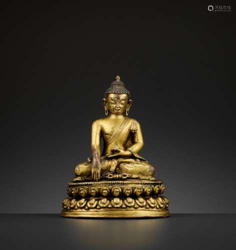 A GILT BRONZE FIGURE OF BUDDHA SHAKYAMUNI, 14TH-15TH CENTURY