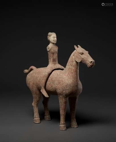 A LARGE PAINTED GRAY POTTERY EQUESTRIAN GROUP, CHINA, EARLY WESTERN HAN DYNASTY, 2ND CENTURY BC