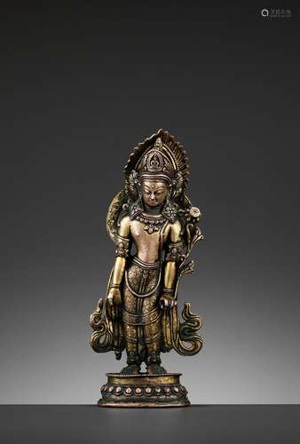 A GILT COPPER ALLOY FIGURE OF AVALOKITESHVARA PADMAPANI, 17TH CENTURY