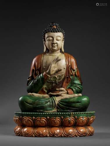 A MONUMENTAL SANCAI-GLAZED FIGURE OF BUDDHA SHAKYAMUNI, MING DYNASTY